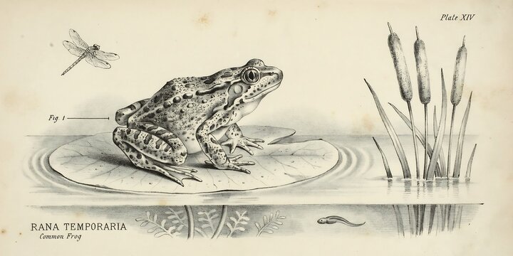 Common frog Rana temporaria on lily pad with dragonfly, tadpole, and reeds in pond water, vintage scientific illustration.