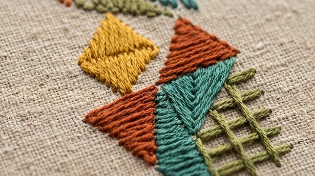 Colorful Geometric Embroidery on Linen Fabric