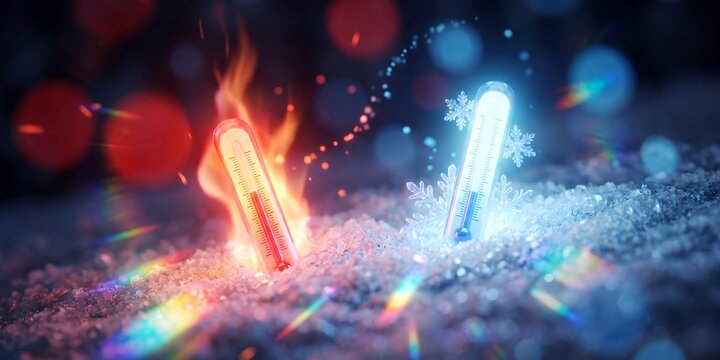 Hot and cold thermometers showcasing burning fire flames, icy frozen snowflakes and bright light bokeh, representing extreme temperature contrast and climate change concept