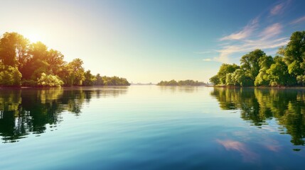 Obraz premium Serene River Landscape with Lush Green Trees Reflecting on Calm Water Under Clear Blue Sky at Sunrise with Soft Light and Tranquil Atmosphere