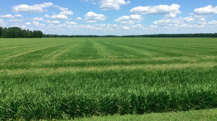 Obraz premium Lush Green Rice Field Under Bright Blue Sky with White Clouds in Rural Landscape Captured on a Sunny Day in Agricultural Region