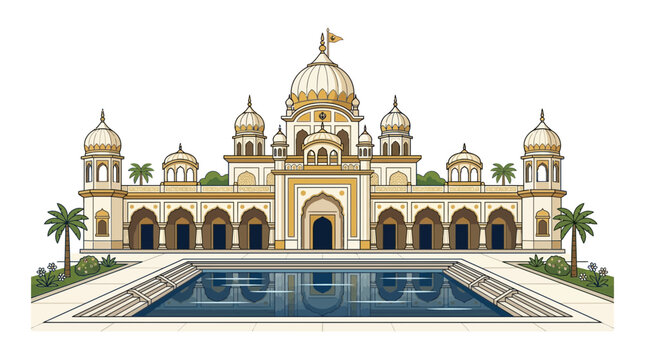 Illustration of a Traditional Temple with Reflecting Pool