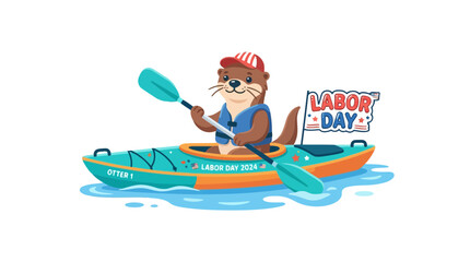Naklejka premium Cute otter in kayak rowing on water with Labor Day sign and American flag illustration