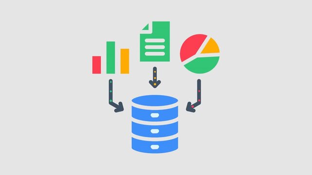 Database icon displays various data inputs like charts and documents being processed into a centralized storage system to represent modern information management and digital analytics workflows.