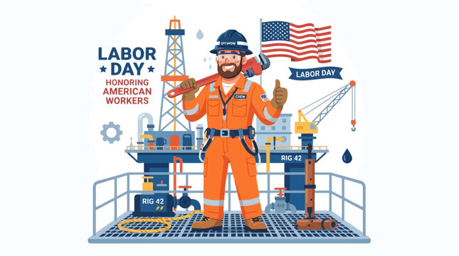 Offshore oil rig worker holding pipe wrench on industrial platform with American flag