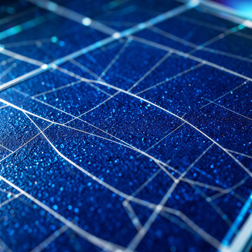 Macro closeup of blue polycrystalline solar cell surface with silver grid lines
