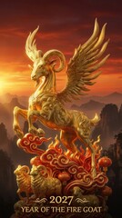 Fototapeta premium Mythical winged beast: 2027 calendar, Chinese New, Eastern template, Fire Goat, golden Sheep, invitation card, poster flyer, text space, design wallpaper, copy background, congratulation banner.