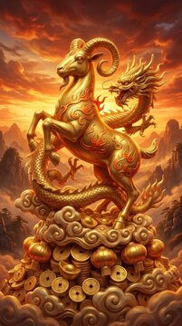Golden ram statue: Chinese calendar, fire goat, copy space, happy holiday, yellow sky, Eastern dragon, wealth symbol, invitation card, metallic sheep, business flyer.