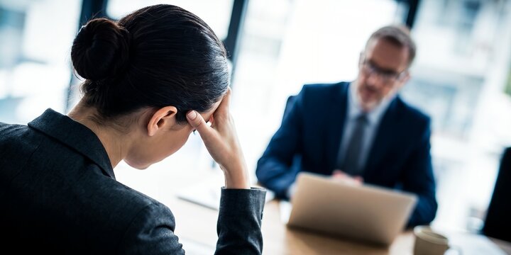 Stressed businesswoman sitting in office meeting showing workplace stress, difficult conversation and professional burnout, representing corporate pressure and employment failure