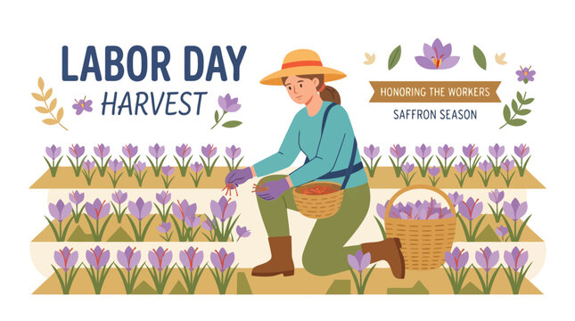 Farmer harvesting purple saffron flowers in field for Labor Day tribute to agricultural workers during harvest season