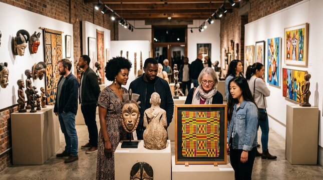 Diverse group of people admiring African art and sculptures in a modern gallery exhibition