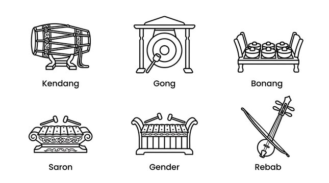 Indonesian Gamelan Instruments Line Art Icon Set
