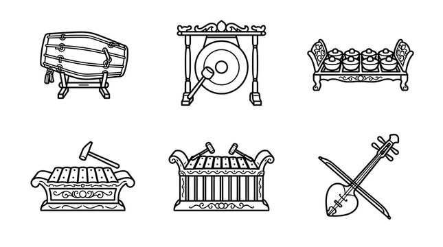 Traditional Indonesian Gamelan Musical Instrument Icon Set