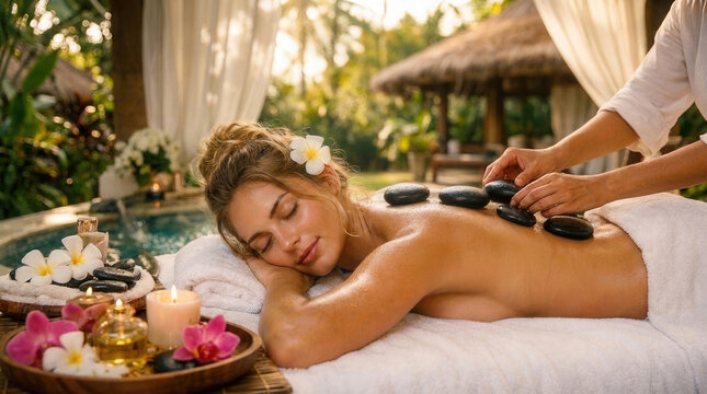 Woman, hot stone and spa massage for relax treatment at hotel resort for muscle tension, recovery or peace. Female person, sleeping and stress relief luxury for Bali holiday or calm, health or glow