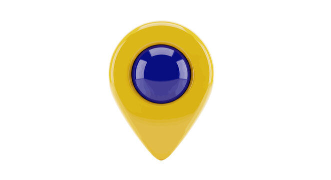 Vector illustration of yellow map location pin icon with blue center on a transparent background