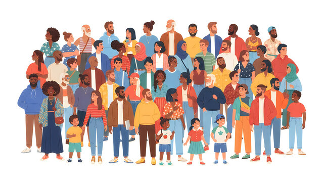 Large diverse group of people standing together in colorful clothes