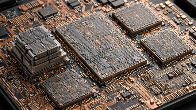 Advanced AI chiplet packaging with interposer, stacked dies, 3D integration, and copper interconnects, photorealistic macro closeup