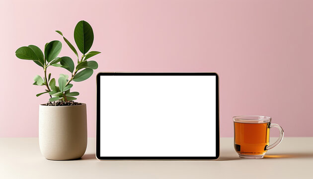 Minimal workspace tablet mockup with potted plant and glass mug of tea on pastel pink desktop for product presentation, remote meeting background and lifestyle hero banner