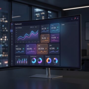 Modern computer monitor displaying data dashboard with financial charts and business kpi statistics.