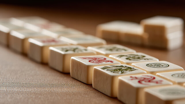 Neat row mahjong tiles traditional background arranged on a wooden tabletop with warm lighting closeup for game banner and product display