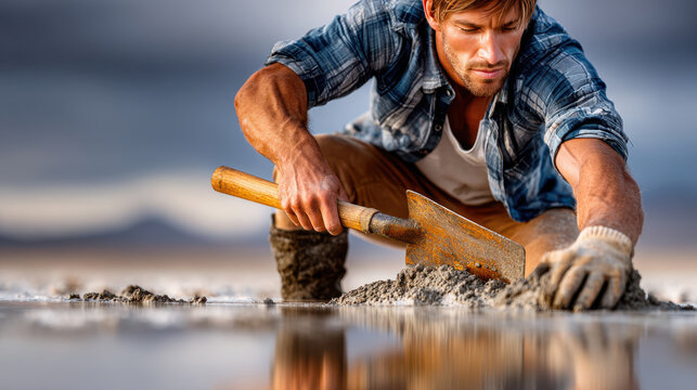 Construction worker spreading wet concrete with shovel on a shoreline surface for construction background and industrial banner design