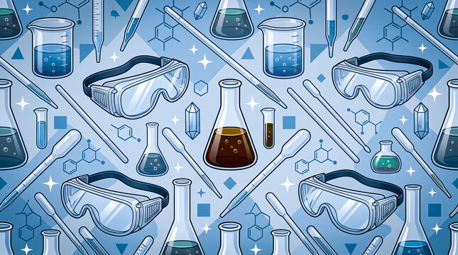 a seamless pattern of chemistry laboratory equipment displaying glass beakers plastic pipettes stirring rods and protective safety goggles for a scientific researcher