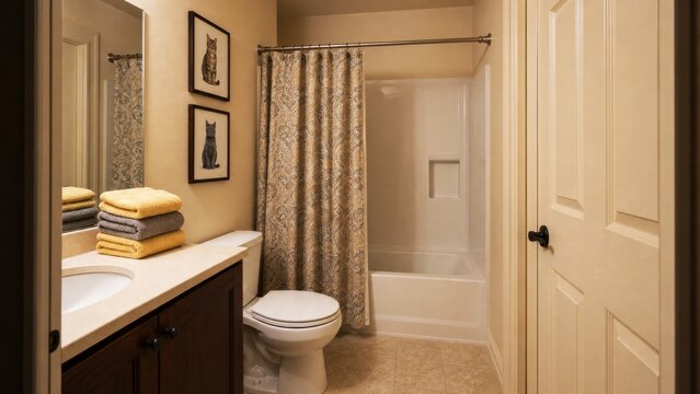 Compact apartment bathroom with bathtub, vanity, toilet and folded towels