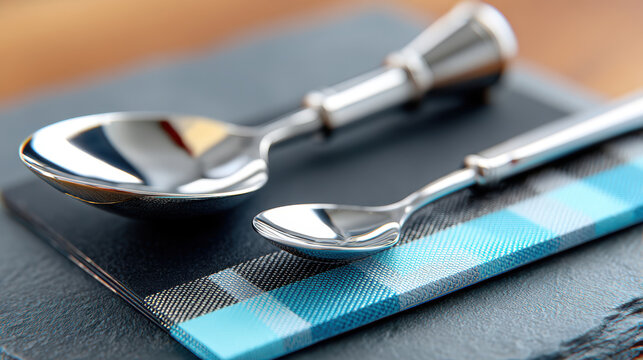 Two stainless steel measuring spoons resting on blue check napkin on slate placemat on wooden surface captured in closeup kitchen utensil arrangement with reflective highlights
