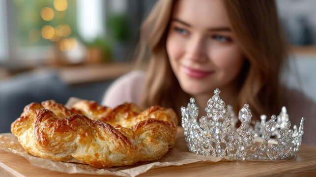 Galette des rois pastry with ornate silver crown and blurred smiling woman in background for holiday recipe feature, french epiphany celebration, bakery menu or festive food article