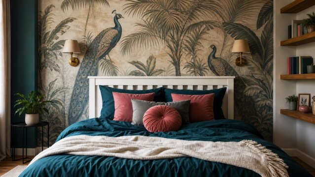Maximalist bedroom with teal bedding, peacock wallpaper and colorful accent pillows