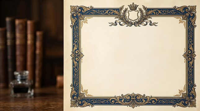 Vintage certificate template with ornate blue and gold border