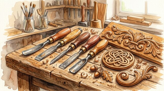 Carpentry tools on wooden workbench with ornate carving