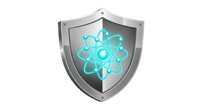 Metallic shield with neon atom icon isolated on transparent background