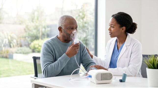 African american doctor supporting senior man using nebulizer mask. Elderly patient receiving respiratory treatment for lung disease. Professional medical care at home or hospital clinic.