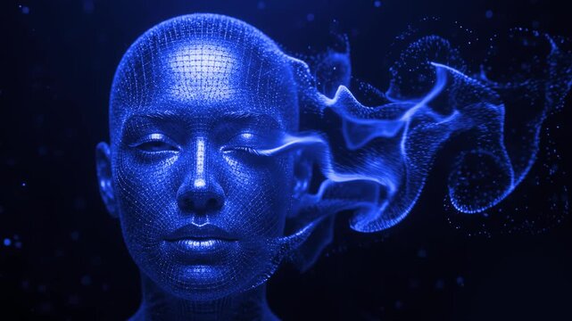 Blue Digital Human Face Particle Dissolve Animation 4K Futuristic Background.