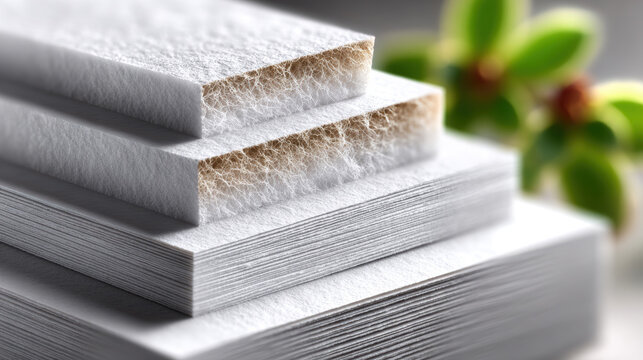 Closeup stacked sheet edges revealing fibrous pulp and layered paper board for print production quality control, paper mill inspection, packaging specification and material sourcing documents