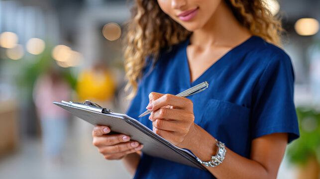 Nurse writing patient notes on clipboard closeup for healthcare background and medical chart documentation banner
