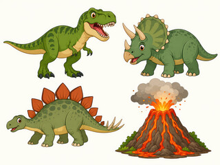 Fototapeta premium Cute Cartoon Dinosaurs and Erupting Volcano Character Set