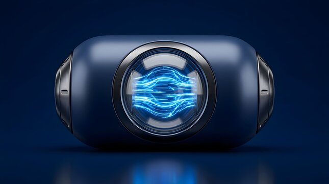 Minimal 3D render of a futuristic blue capsule device with a glowing energy waveform inside a glass window. Clean sci‑fi technology concept on dark background for modern wallpaper.

