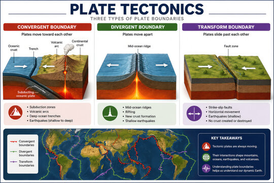 Plate Tectonics Infographic with Convergent, Divergent and Transform Boundaries