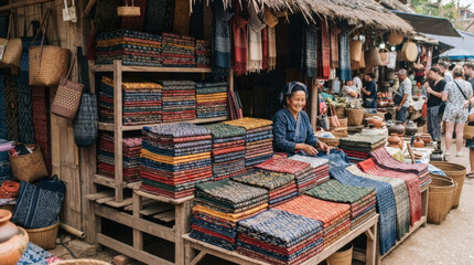 Obraz premium Traditional Thai Textile Market Stall With Local Artisan Selling Fabrics