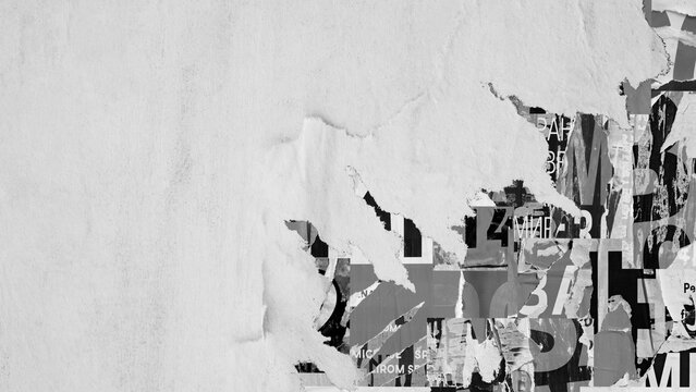 Old ripped torn black and white fly posters textures backgrounds grunge creased crumpled paper vintage collage placards square empty space for text	