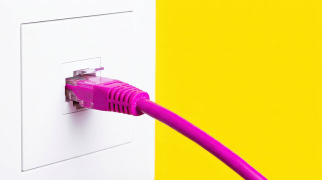 Network cable plugged into port on white wall with bright yellow background creating vibrant contrast