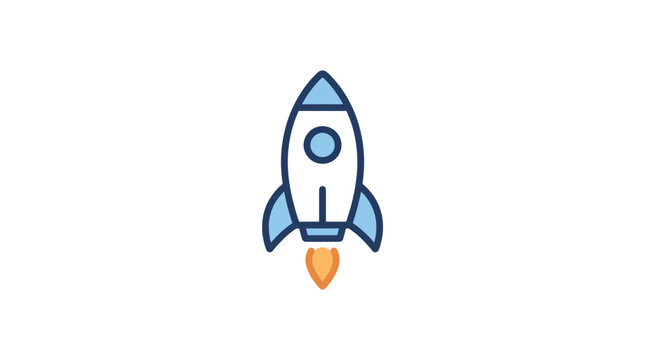 Simple rocket icon launching into space with orange flame, flat design, white background