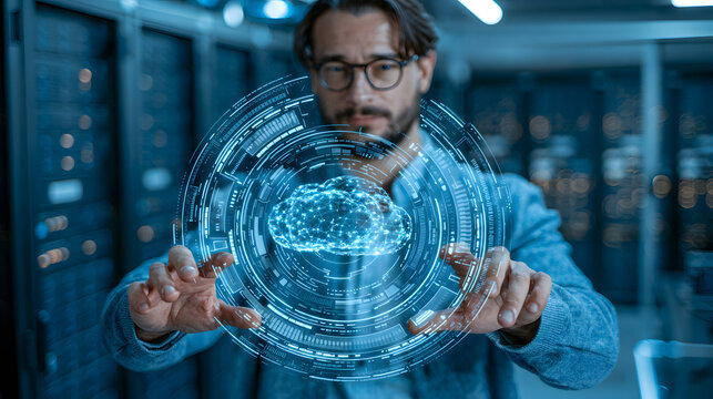 Cybersecurity Specialist Protecting Cloud Network. Concept: Cybersecurity, Cloud Security, Data Protection, Network Defense, Information Technology, Digital Threat Prevention