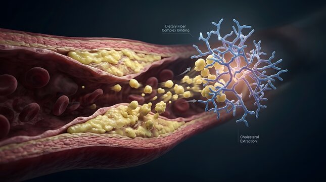 A scientific visualization showing fiber molecules actively pulling cholesterol from an artery wall.