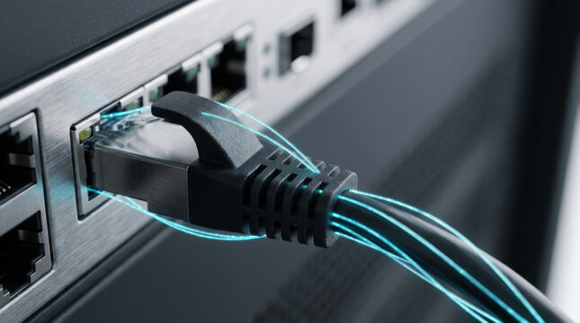 Network cable plugged into port with glowing data lines showing digital connection and technology concept
