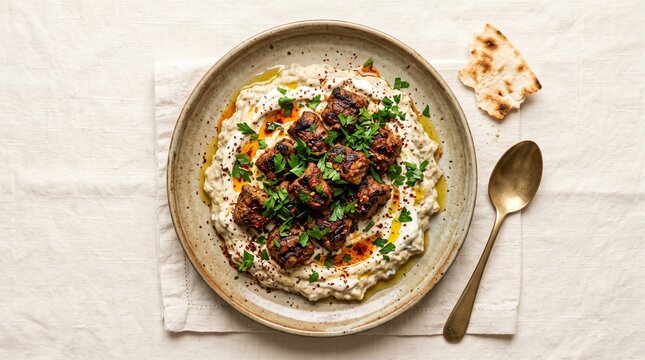 Turkish Ali Nazik kebab with grilled minced lamb served over creamy smoked eggplant yogurt puree.