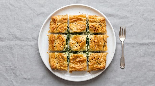 Turkish b&ouml;rek filled with spinach and cheese, neatly sliced on a white plate.