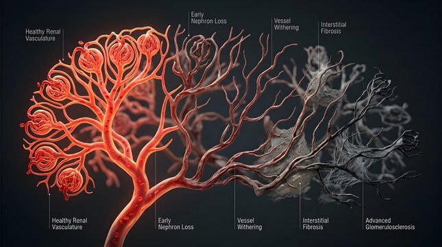 Detailed medical illustration showing the progression of kidney disease and renal vessel damage.